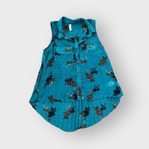 Xhiliaration Teal Red Polka Dot Floral Pleated Sheer Tank Top - Picture 1 of 4